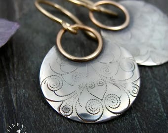 Sterling Silver Swirl Mixed Metal Disc Earrings, Patterned Handmade Artisan Jewelry, Gift for Her