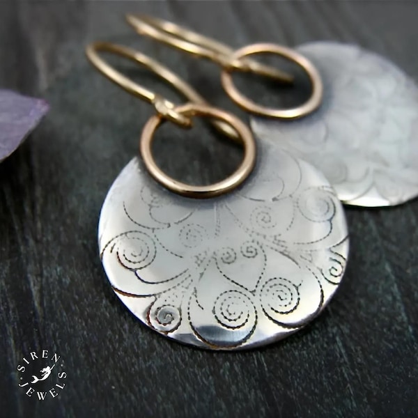 Sterling Silver Swirl Mixed Metal Disc Earrings, Patterned Handmade Artisan Jewelry, Gift for Her