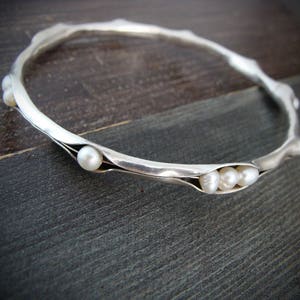Silver Bangle - Organic Hand Formed Stackable Bracelet For Her - Scattered Pearl Sterling Silver