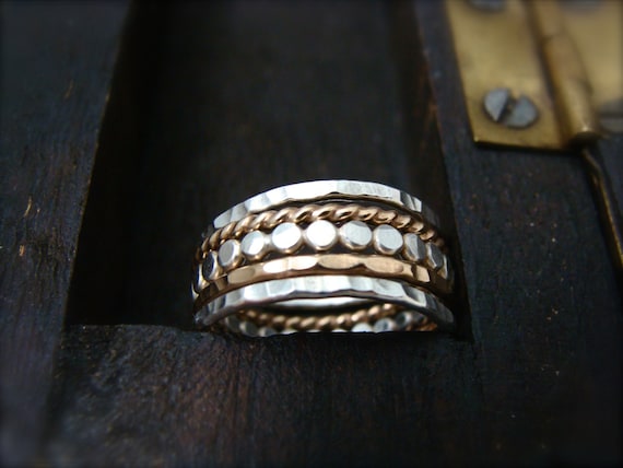 Mixed Metal Stacking Ring Set – “The Gathering”, Five Hammered Gold & Silver Bands, Unique Minimalist Stack, Handmade Jewelry, Siren Jewels