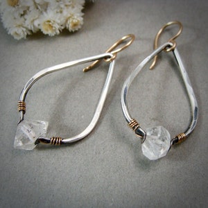 Herkimer diamond mixed metal boho dangle earrings, sterling silver Herkimer diamond earrings,hammered silver teardrop hoops,higher realms image 3