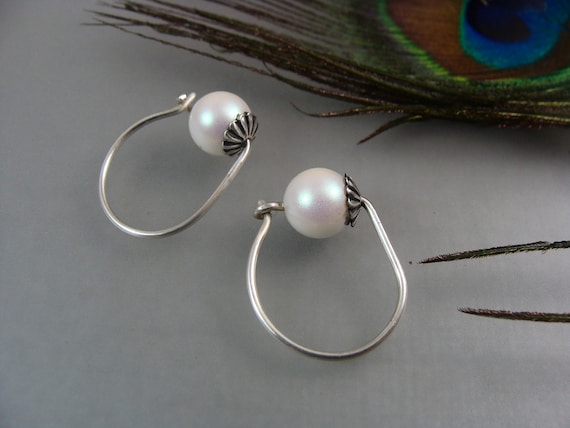 Dark academia style sterling silver and white pearl hoop earrings, Small petite hoops, Gifts for women and girls, Siren jewels