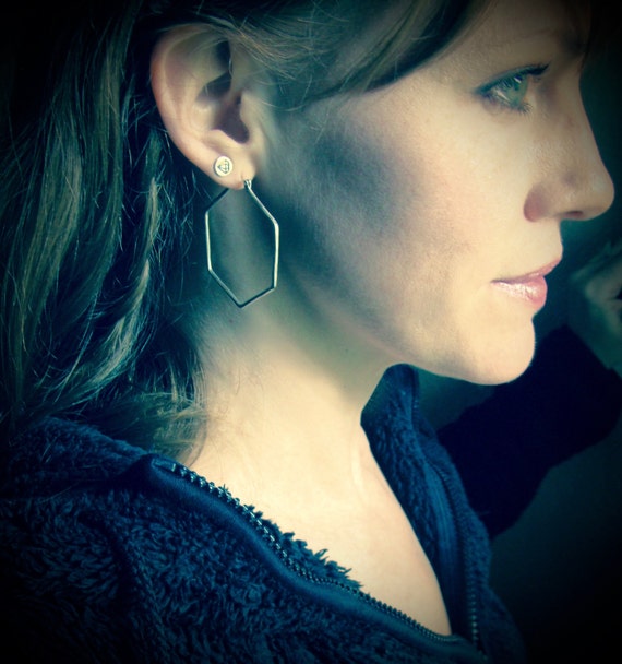 Hexagon shaped geometric 925 silver earrings, Simple silver hoops, Large hoops, Gifts for her "Hexa hoops"