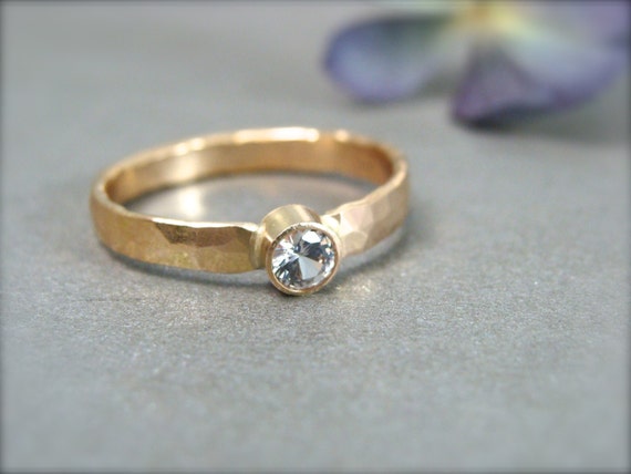 Solid 14k gold and white sapphire gemstone stack ring, Diamond alternative ring, Hammered ring, Siren jewels, Gifts for her