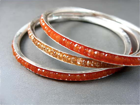 Carnelian and sterling silver stack bangle, Natural carnelian gemstone bracelet, Stackable bangle, Gifts for her, Siren jewels