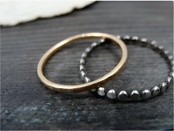 Mixed metal hammered sterling and 14k gold fill ring set, Stackable rings for women, Siren jewels, Simple bands, Minimalist jewelry