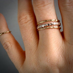 power of three mixed metal stacking rings set, stackable rings, hammered rings, minimalist rings, gold and silver rings, thin rings image 3