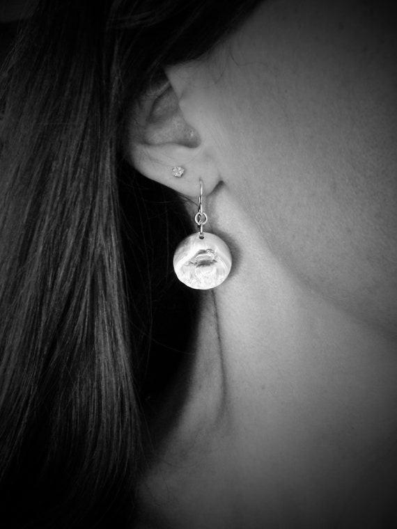 Hammered Sterling Silver Disc Earrings - Textured Dangle Jewelry, "Large Thumb Print Earrings"