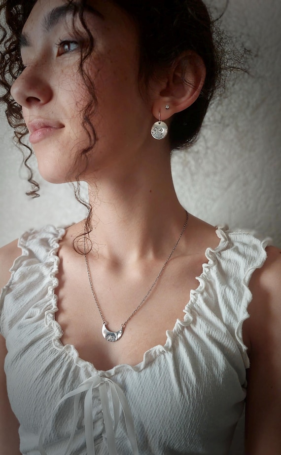 Silver Pendant - Crescent Moon Wildflower Pendant - Handmade Artisan Jewelry