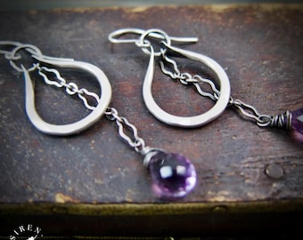 Amethyst Sterling Silver Gemstone Dangle Earrings, Handmade Hammered Jewelry, Artisan Earrings for Women