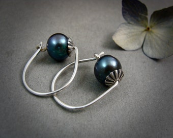 dark academia style sterling silver and Tahitian black pearl hoop earrings, small petite hoops, gifts for women and girls, siren jewels