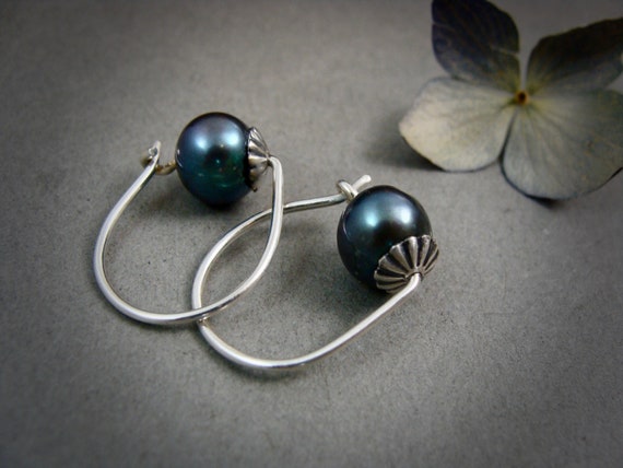 Dark academia style sterling silver and Tahitian black pearl hoop earrings, Small petite hoops, Gifts for women and girls, Siren jewels