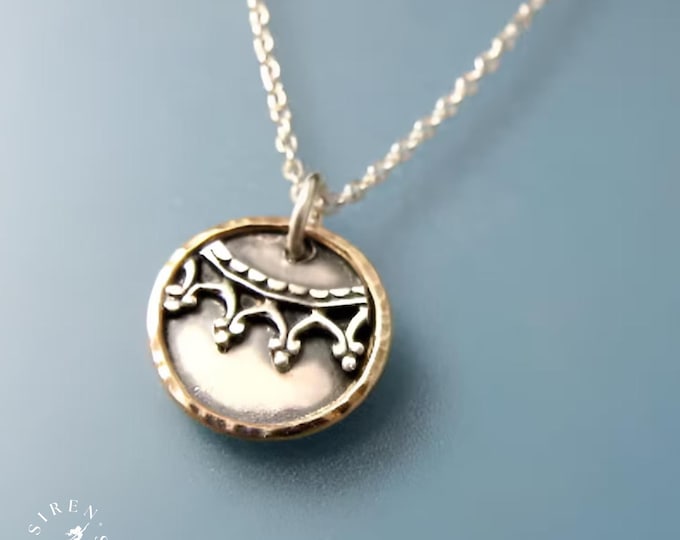 Featured listing image: Tiny Crown Pendant, Sterling Silver 14k Gold Filled Disc, Layering Artisan Made Necklace