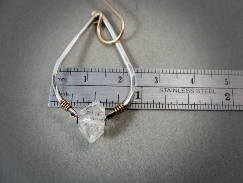 Herkimer diamond mixed metal boho dangle earrings, sterling silver Herkimer diamond earrings,hammered silver teardrop hoops,higher realms image 8