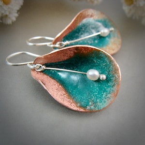 Enameled Copper Calla Lily Earrings: Sterling Silver, Freshwater Pearl
