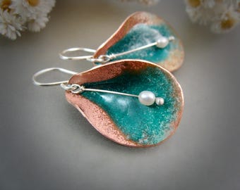 Copper Lily Earrings – Sterling Silver & Freshwater Pearl, Handmade Enameled Floral Jewelry