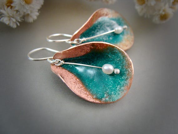 Enameled copper calla lily earrings, Botanical jewelry, Copper earrings, Handmade jewelry, Cottage core, Gifts for her, Siren jewels