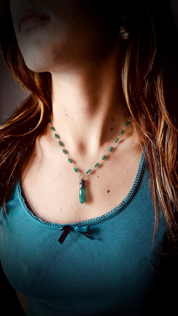 Emerald Green Chalcedony and Sterling Silver Pendant - Long Teardrop Beaded Necklace