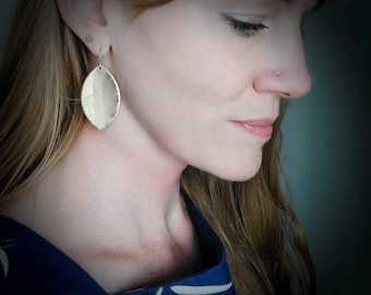 Modern Hammered Brass Leaf Earrings – Sterling Silver Wires, Handmade Botanical Jewelry