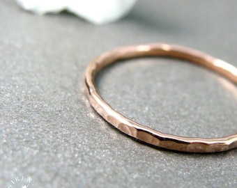 Delicate Solid 14k Rose Gold Hammered Stack Ring - 1mm Stacking Band