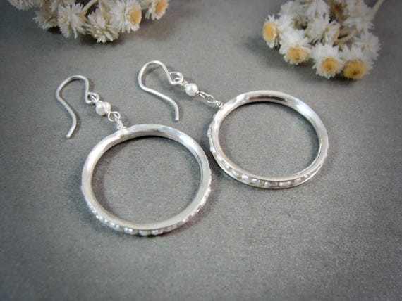 Pearl and Sterling Silver Hoop Dangle Earrings - Petite Delicate Jewelry, Siren Jewels
