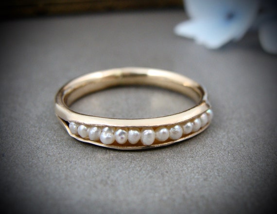 Solid 14k gold petite pearl stack ring, Seed pearl band ring, Classic pearl jewelry, Siren jewels, Gifts for her