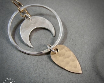 Mixed Metal Handmade Crescent Moon Halo Dangle Earrings – Witchy Jewelry, Celestial Boho Jewelry