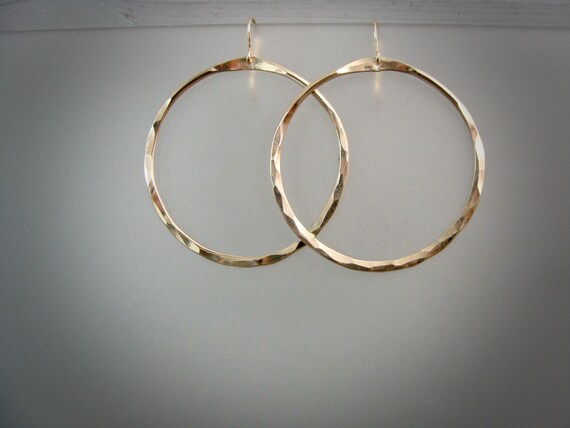 14k Gold Filled Hammered Hoop Earrings – Lightweight Medium 1 1/2" Artisan Statement Hoops, Siren Jewels