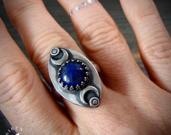 Lapis Lazuli Moon Ring, Handmade Sterling Silver Celestial Ring, Witchy Boho Jewelry