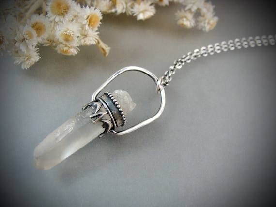 Raw Quartz Crystal Sterling Silver Pendant - Natural Gemstone Gothic Necklace