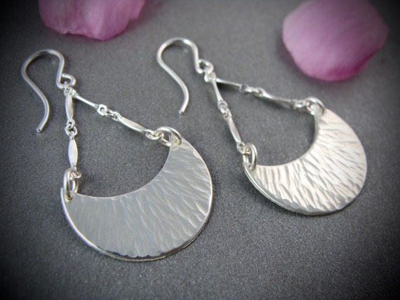 Hammered sterling silver dangles, Textured crescent moon dangles, Silver half circle earrings, Handmade earrings, Siren jewels