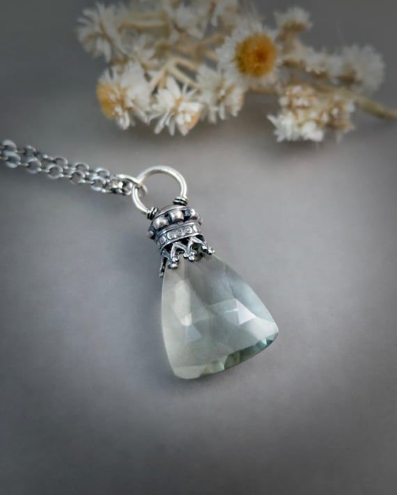 Green Amethyst Sterling Silver Pendulum Pendant, Unique Amethyst Necklace For Her