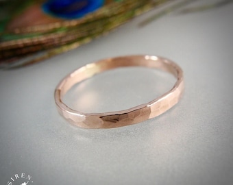 Hammered Solid 14k Rose Gold Band Ring - Simple Minimalist Stacking Ring