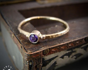 Hammered Solid 14k Gold & Amethyst Ring - February Birthstone Stacking Ring