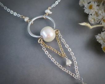 Colgante de perlas y plata de ley, collar con cadena tipo cascada, regalo de joyería para ella.