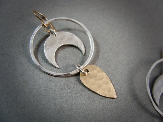 Mixed metal crescent moon dangles, Handmade boho celestial jewelry, Sterling silver and 14k gold filled earrings,gifts for her, Siren jewels