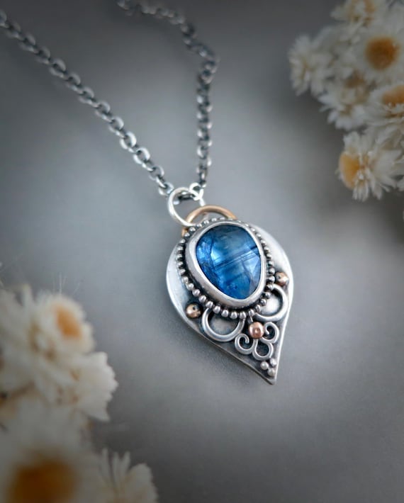 Kyanite and Sterling Handmade Mixed Metal Pendant, Unique Gift For Her