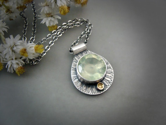 Prehnite Sterling Silver Pendant: Imprinted Mixed Metal Silversmith Jewelry