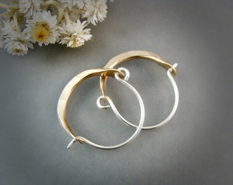 mini minimalist 14k gold filled and sterling hoops, mixed metal hammered 14k gf hoops, small simple hoops, ~"mini gold minimalist hoop"