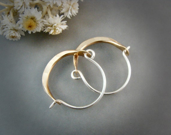 Mini Hammered Gold & Sterling Hoop Earrings – Mixed Metal Minimalist Dangles, Small Everyday Hoops, Handmade Jewelry, Gifts for Her.
