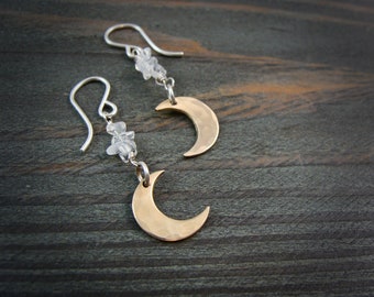 moon and stars ... mixed metal dangles, moonstone earrings, small crescent, celestial jewelry, gold filled moons, gifts for her