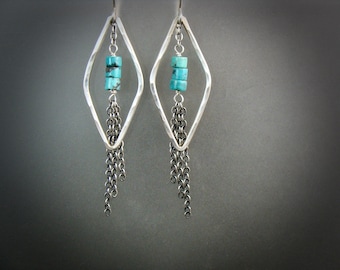 turquoise tassel sterling silver earrings, turquoise jewelry, geometric earrings, tassel earrings, siren jewels,boho earrings, gifts for her