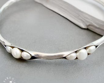 Silver Bangle -  Pearl & Sterling Silver Handcrafted Artisan Stacking Bracelet for women