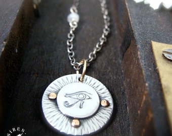 Eye of Horus Pendant - Sterling Silver & Gold Mixed Metal Charm, Protection Amulet