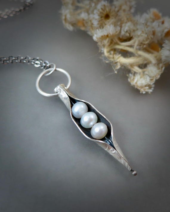 Pearl and Sterling Pea Pod Pendant - Organic Handmade Jewelry Gift For Her, Cottagecore Jewelry