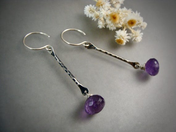 Amethyst gemstone and sterling silver dangles, Long gemstone earrings, Handmade amethyst jewelry, Cottagecore, Gifts for her, Siren jewels