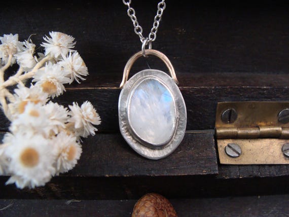 Rainbow Moonstone Sterling Silver & 14k Gold Fill Mixed Metal Pendant - Handcrafted Minimalist Jewelry
