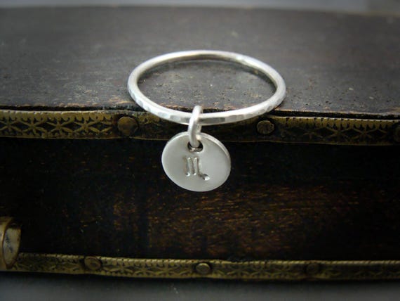 Zodiac Charm Ring - Sterling Silver 925 Stacking Hammered Band, Handmade Dainty Minimalist Rings, Layering Jewelry