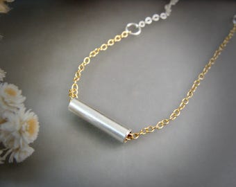 Sterling Silver Tube Pendant Necklace – Mixed Metal Two Tone Modern Jewelry