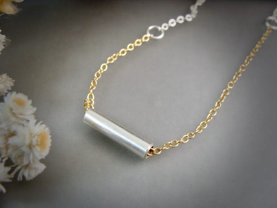 Minimalist silver tube bar pendant, Simple mixed metal pendant, Modern jewelry, Layering pendants, Minimalist jewelry, Gifts for her